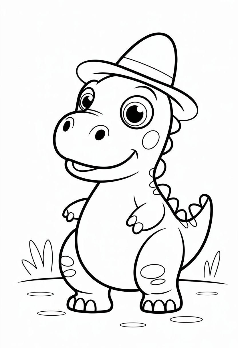 Cute Dinosaur Coloring Pages for Kids: 20 Fun and Easy Designs 43 A cute dinosaur wearing a small hat, standing and smiling.